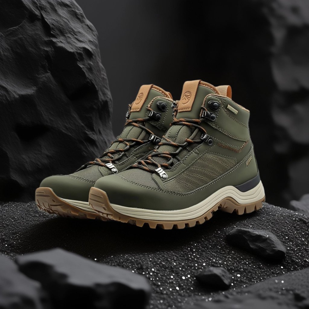 An e-commerce product image of a pair of hiking boots displayed on a black stone scene against a rocky, dark background.