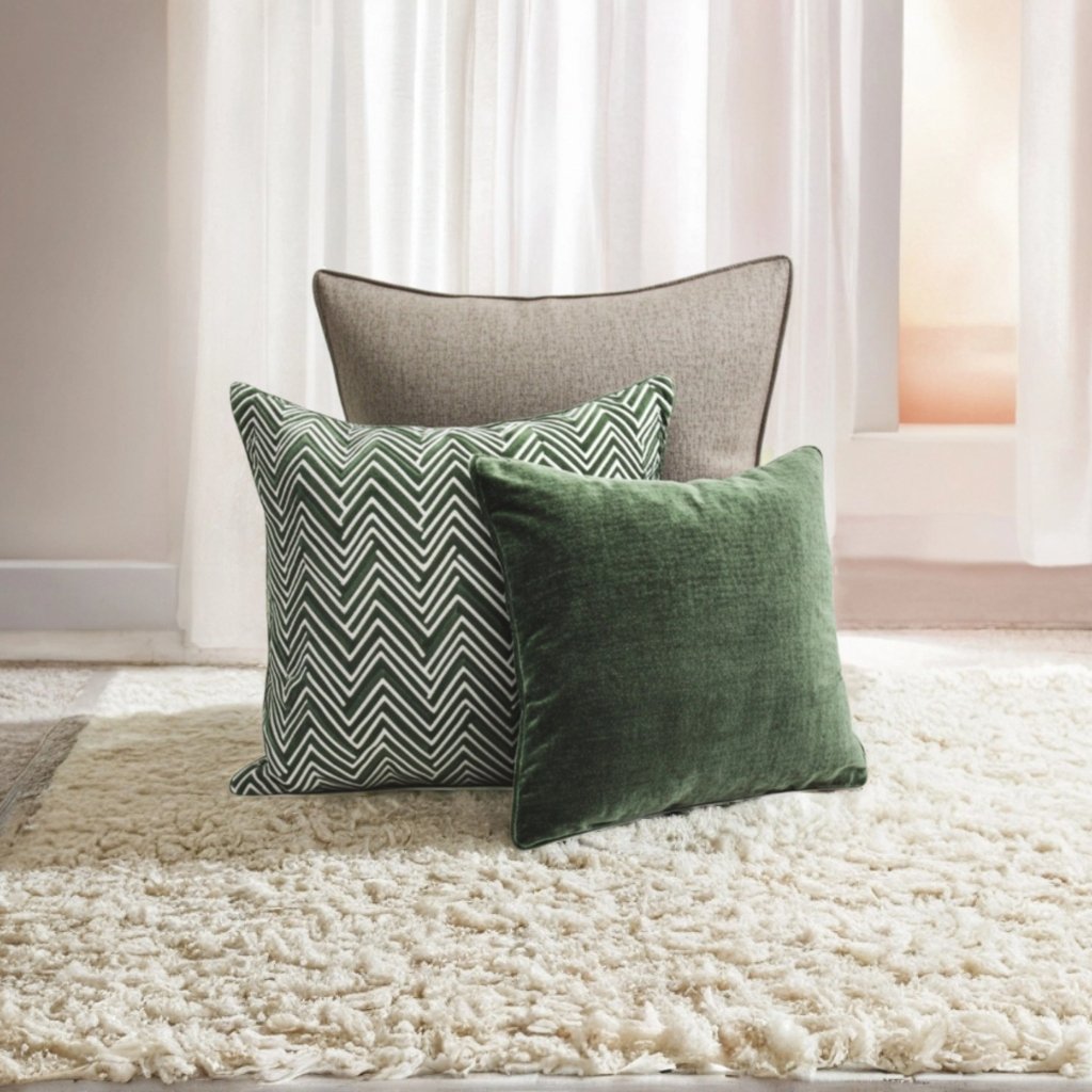 An e-commerce product image of a set of pillows displayed on a wool carpeted floor next to a white curtained window.